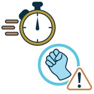 An icon of a stopwatch with speed lines. There is also a violence symbol with a warning icon. 