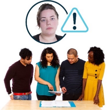 A group of people working on a document together. Above is a photo of a woman with a risk symbol on it. 