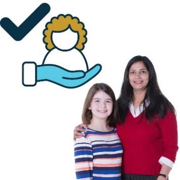 A photo of a woman with a child. Above is a support icon with an icon of a woman in it, and a tick. 