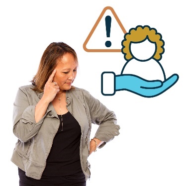 A person with their hand on their head. Above is a support icon with a warning symbol on it. 