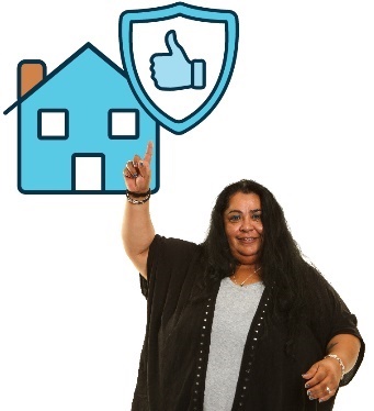 A woman with her hand raised. Above is an icon of a house with a safety icon on it. 