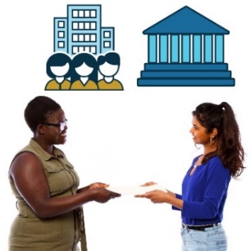 Two people exchanging a document. Above is a government icon and an organisation icon. 