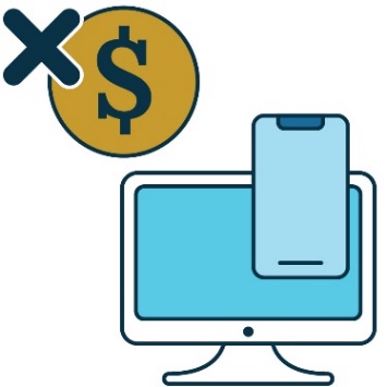 An icon of a phone and a computer. Above is a money symbol with a cross. 