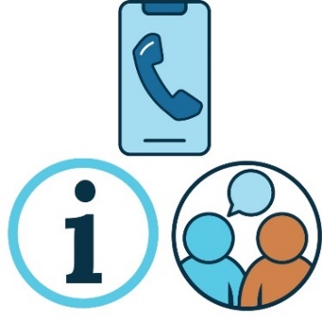 An information symbol, a phone symbol and a counselling icon. 