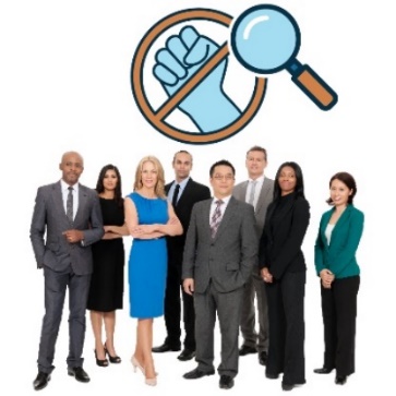 A group of people in office wear. Above is a violence icon with a circle and cross through it. There is a research icon on the violence icon. 