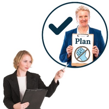 A person with a clipboard pointing to a government worker holding an icon of the Plan. 