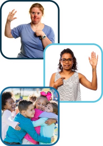 A person with disability holding up their hand, a First Nations person holding up their hand, and a bunch of young children hugging each other. 