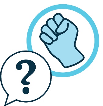 A violence icon, with a speech bubble nearby with a question mark on it. 