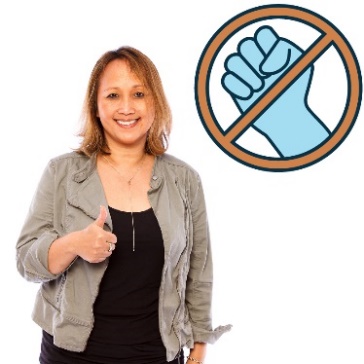 A woman giving a thumbs up. Above is a violence icon, with a circle and line through it 