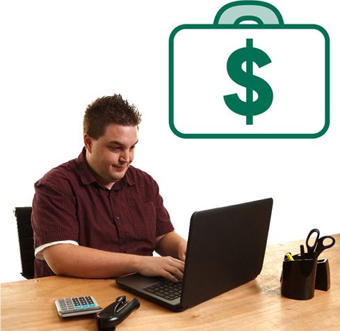 A person with disability typing on a laptop. Above them is a suitcase with a dollar symbol on it.