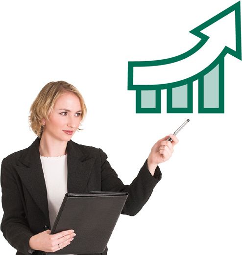 A person holdoing a clipboard pointing to an icon of an arrow pointing up on a graph.