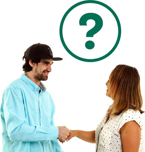 An employer shaking hands with a person with disability. Above them is a question mark.