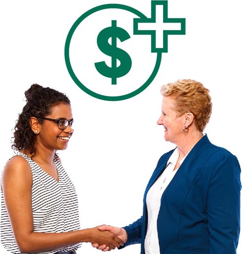 An employer shaking hands with an employee. Above them is a dollar symbol with a plus symbol next to it.