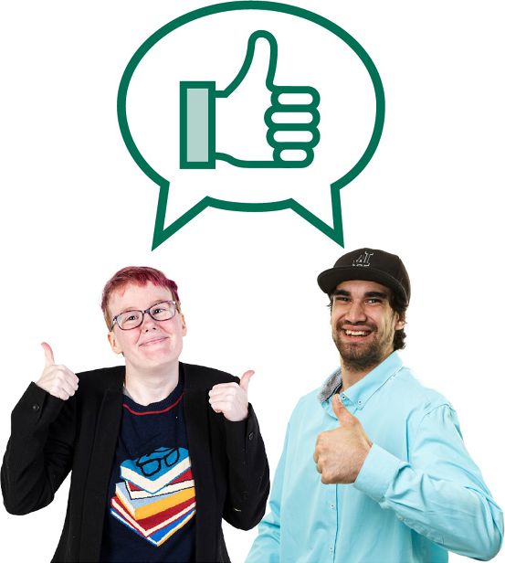 2 people with disability giving a thumbs up. They have a speech bubble above them with a thumbs up in it.