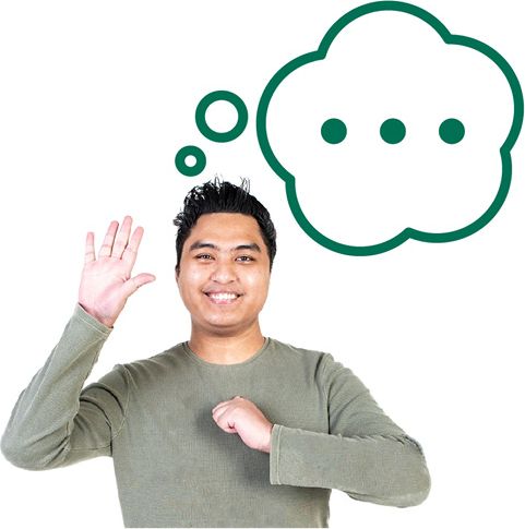 A person pointing to themselves with their other hand raised. Above them is a thought bubble with 3 dots in it.