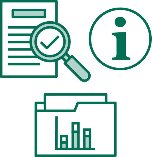 A document with a magnifying glass over it and a tick in the lens, an information icon, and a data folder with a document in it.