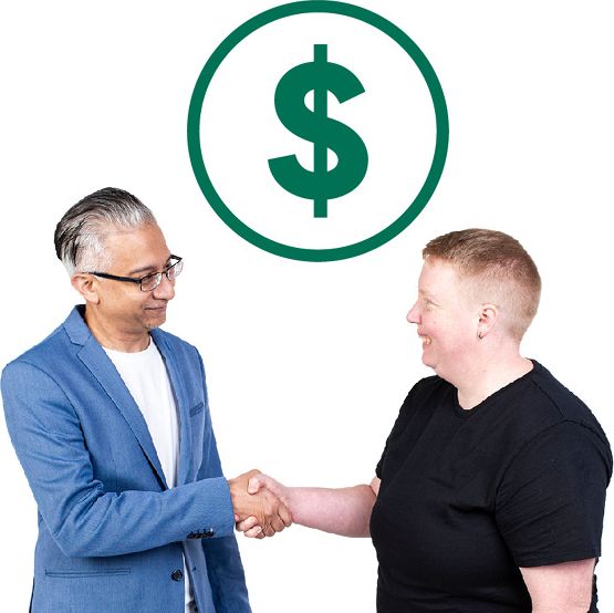 An employer shaking hands with a person with disability. Above them is a dollar symbol.