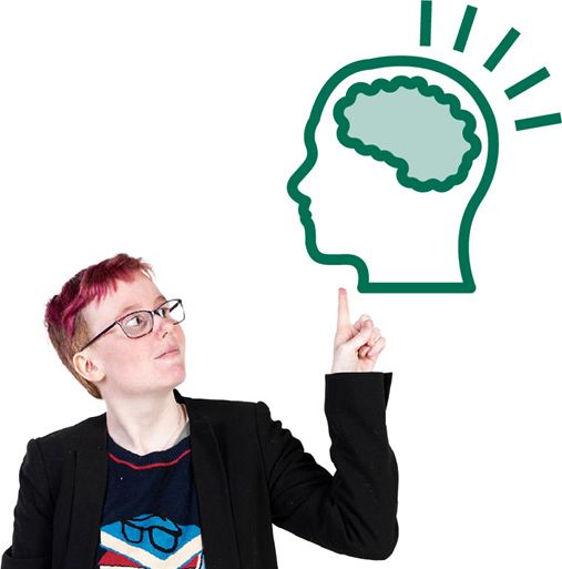 A neurodiverse person pointing up to an icon of a head with the brain highlighted.