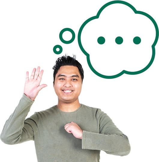 A person pointing to themselves with their other hand raised. Above them is a thought bubble with 3 dots in it.