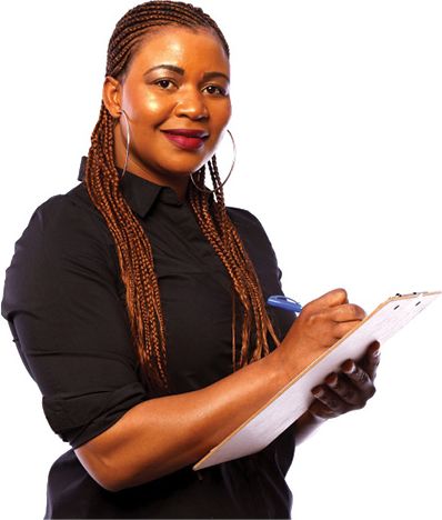 A person smiling and holding a clipboard.