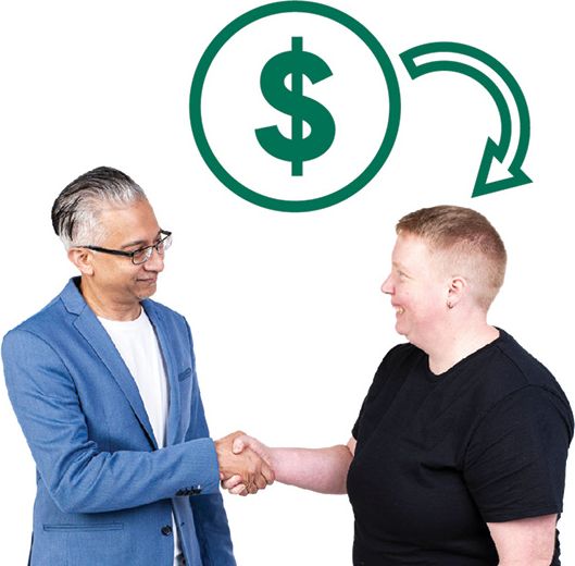 An employer shaking hands with a worker. Above the worker is a dollar symbol and an arrow pointing to them.