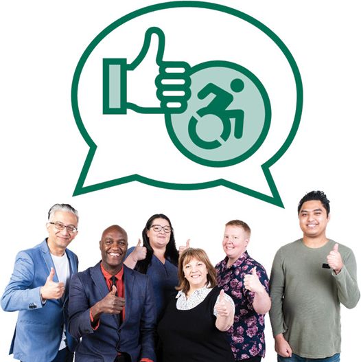 A diverse group of Australians giving a thumbs up. Above them is a speech bubble with a disability icon and a thumbs up.