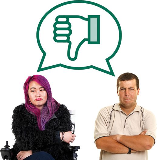 A pair of people with disability with upset expressions and their arms crossed. Above them is a speech bubble with a thumbs down in it.