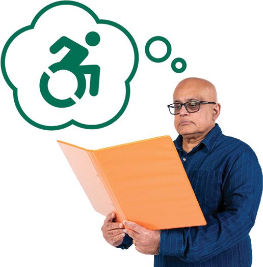 A person reading a document in a folder. Above them is a thought bubble with a disability icon in it.