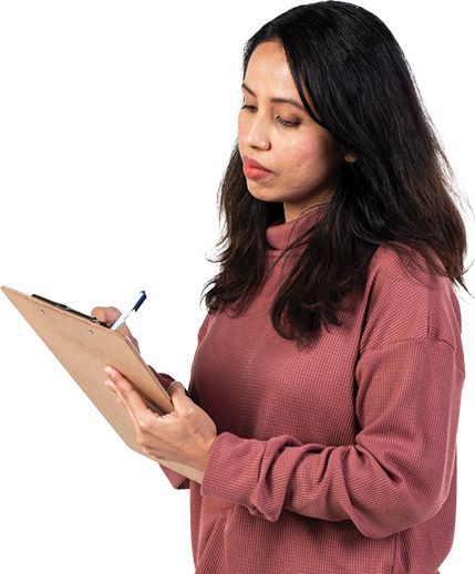 A person writing on a clipboard.