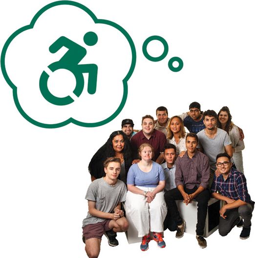 A diverse community of people sitting together. Above them is a thought bubble with a disability icon in it.