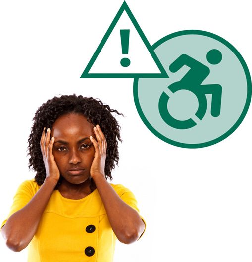 A person holding their head in their hands with a frustrated expression. Above them is a disability icon with a problem icon.