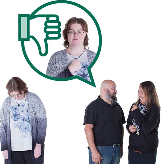 An upset person with disability. Behind them is a pair of people talking about the person with disability. They have a speech bubble with a thumbs down and the person with disability in it.