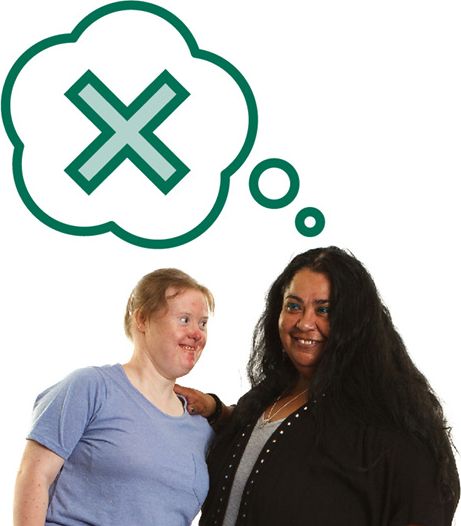 A person supporting a person with disability. They have a thought bubble with a cross in it.