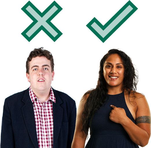 A person with disability with a cross above them, and a person without disability with a tick above them.