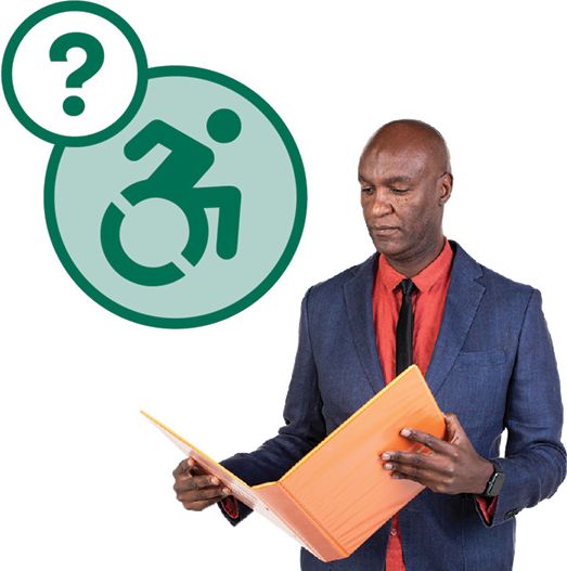 A person reading a document in a folder. Next to them is a disability icon with a question mark next to it.