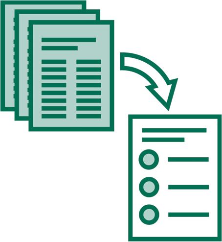 An arrow pointing from a long document to a short Easy Read summary document.