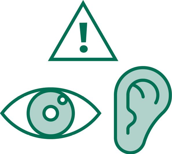 An icon of an eye, and an icon of an ear. Above these icons is a problem icon.