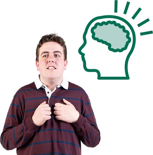 A neurodiverse person pointing at themselves. Above them is an icon of a head with the brain highlighted.