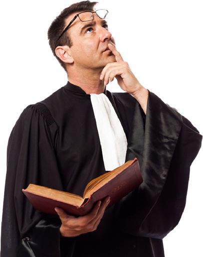 A judge holding a book and thinking.