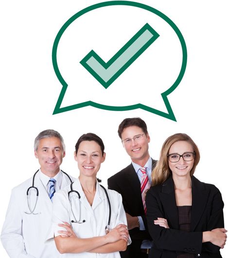 A group of health care workers with a speech bubble above them. Inside the speech bubble is a tick.