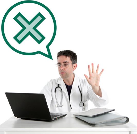 A health care worker putting their hand out to stop someone. They have a speech bubble with a cross in it.