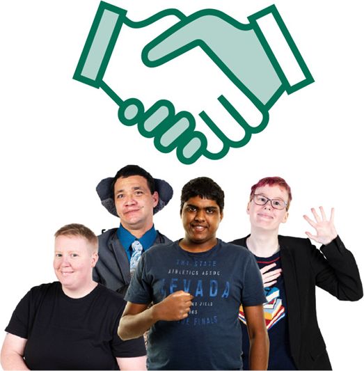 A diverse group of people with disability. Above them is a handshake icon.