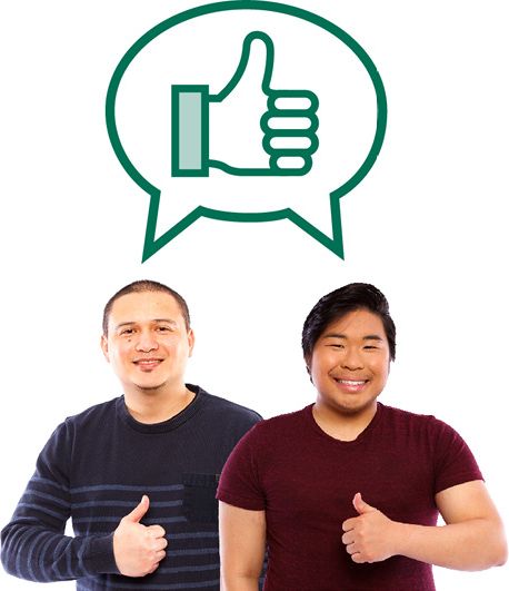 2 people with disability giving a thumbs up. Above them is a speech bubble with a thumbs up in it.