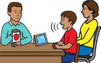 Child and parent at a desk talking to person holding a card showing an apple.