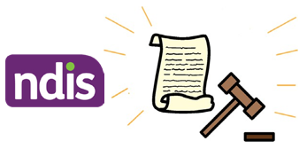 NDIS logo, next to scroll of paper and gavel.