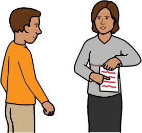 Person pointing out a document to another person.