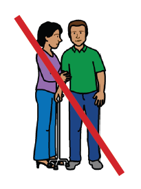 Person with a walking stick, with another person helping, all crossed out with a red line.