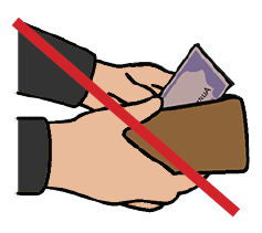 Hands taking money from a wallet, crossed out with a red line.