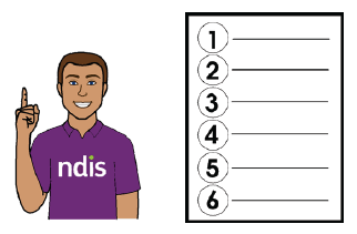 NDIS staff member pointing up next to document with list.