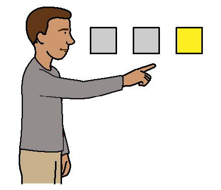 Person pointing at one of three squares.